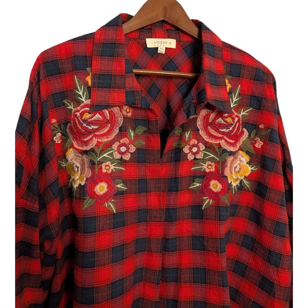Umgee Womens 2XL Red Black Plaid Button-Down Shirt Floral Embroidery Long Sleeve - Picture 3 of 12